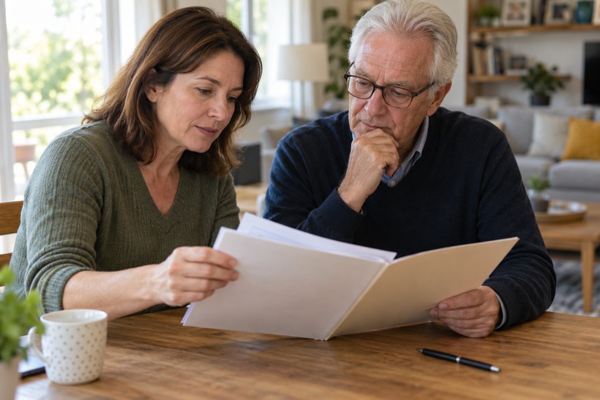 Deux adultes relisent ensemble un dossier à leur domicile.