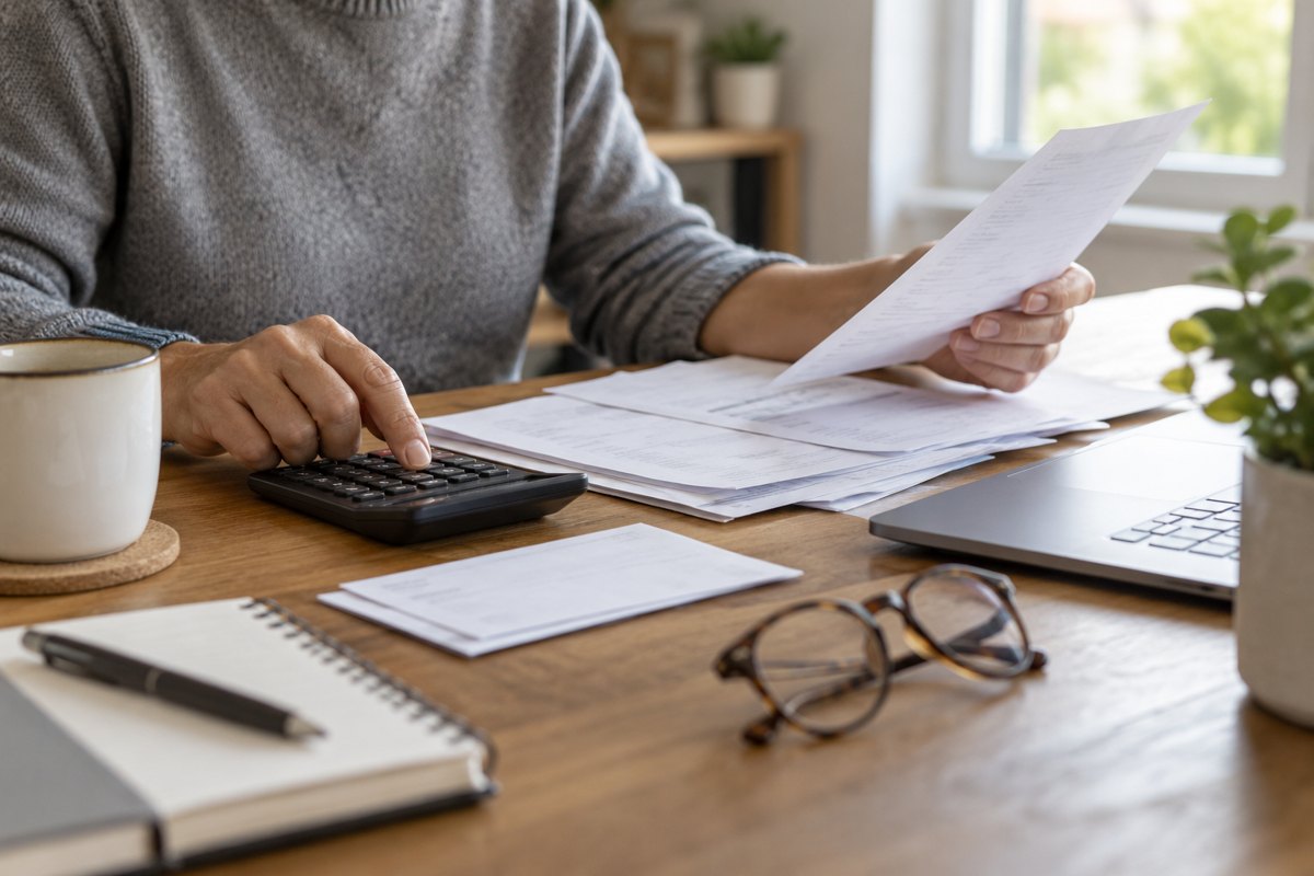 Une personne vérifie des documents de remboursement avec une calculatrice.