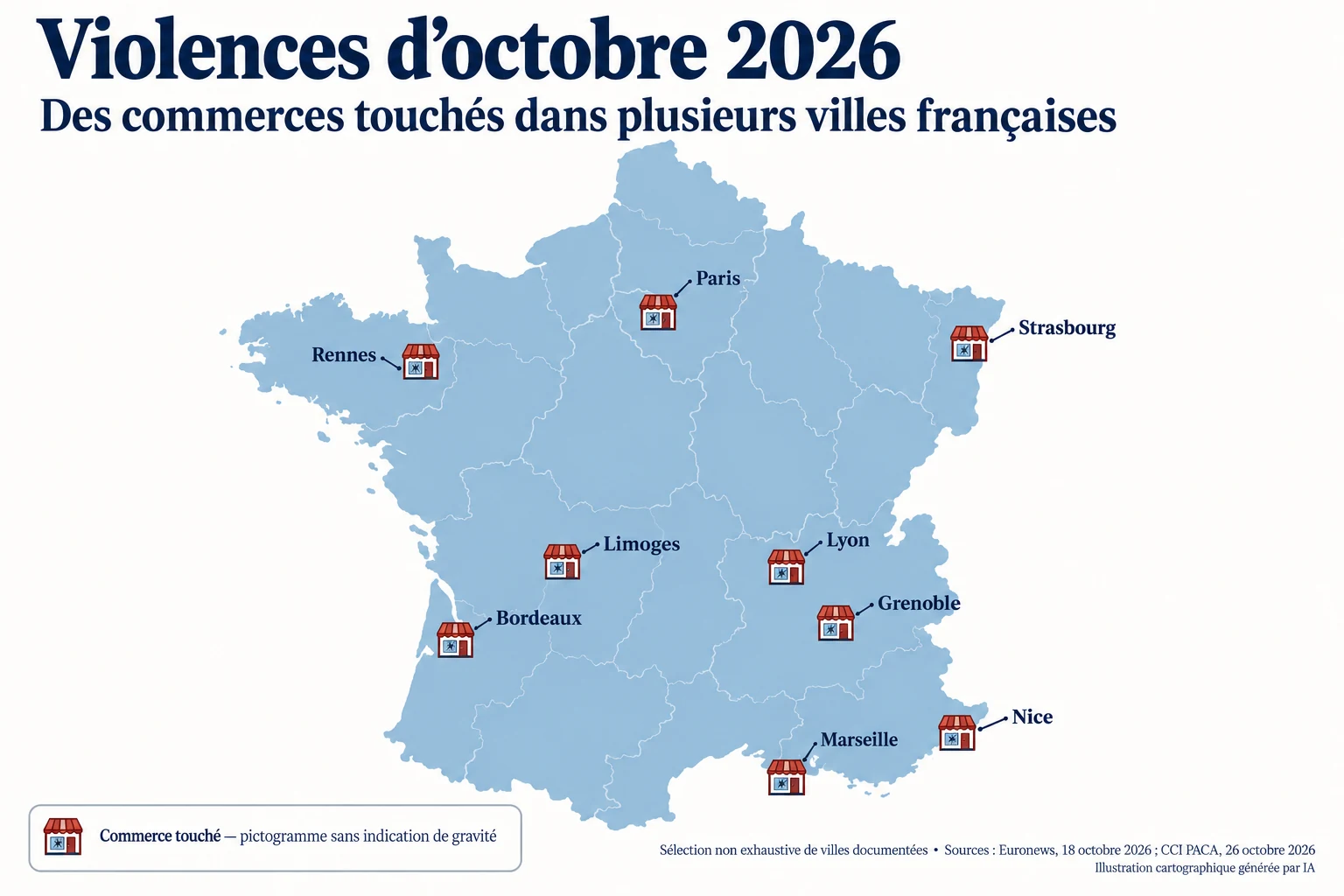 Carte de France situant Paris, Rennes, Strasbourg, Bordeaux, Limoges, Lyon, Grenoble, Marseille et Nice parmi les villes touchées en octobre 2026.