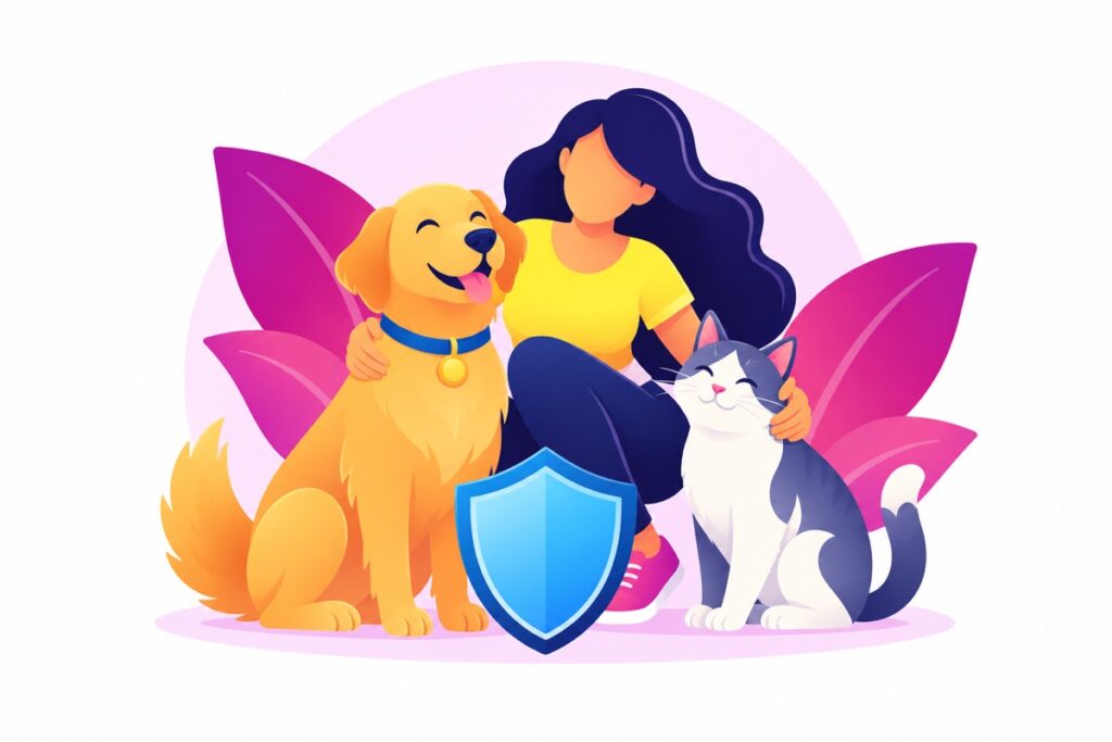 Un chien et un chat près de leur propriétaire et d’un bouclier.