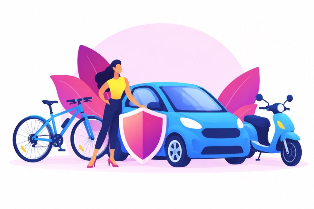 Une automobiliste, une voiture, un vélo et un scooter, avec un bouclier de protection.