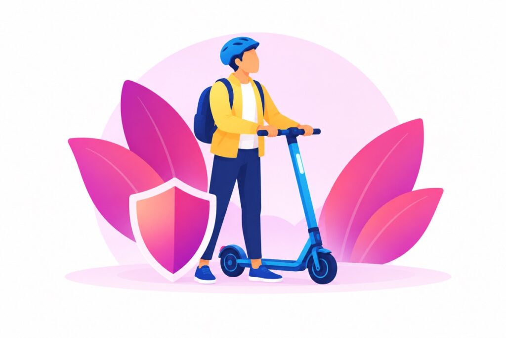 Un utilisateur casqué avec une trottinette électrique et un bouclier.