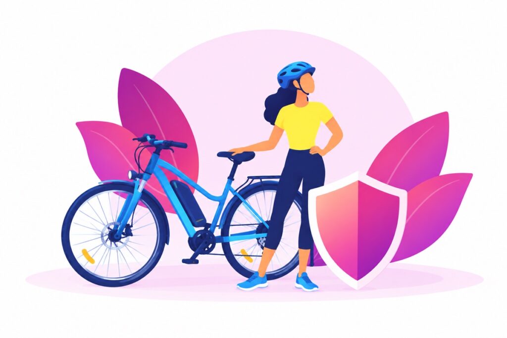Une cycliste casquée à côté d’un vélo à assistance électrique et d’un bouclier.