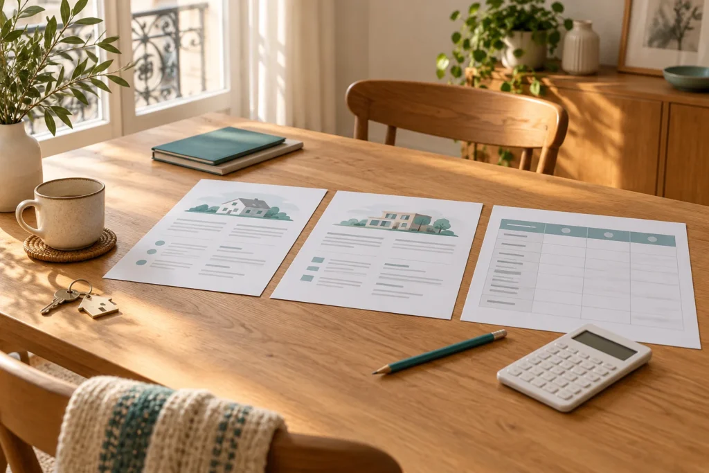 Deux propositions et une grille de comparaison sur une table, avec une calculatrice.