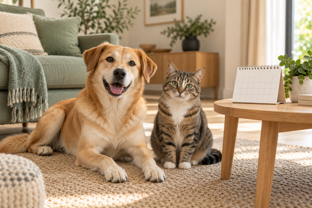 Chien et chat assis dans un salon, à côté d’un calendrier.