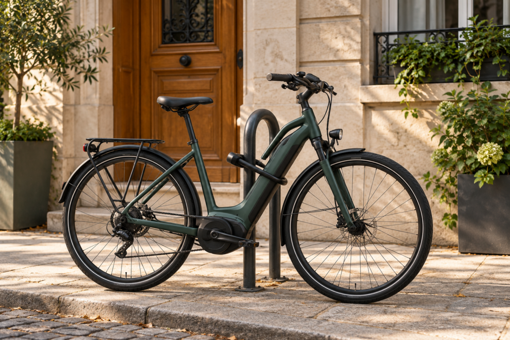Vélo électrique vert attaché à un arceau devant un immeuble.