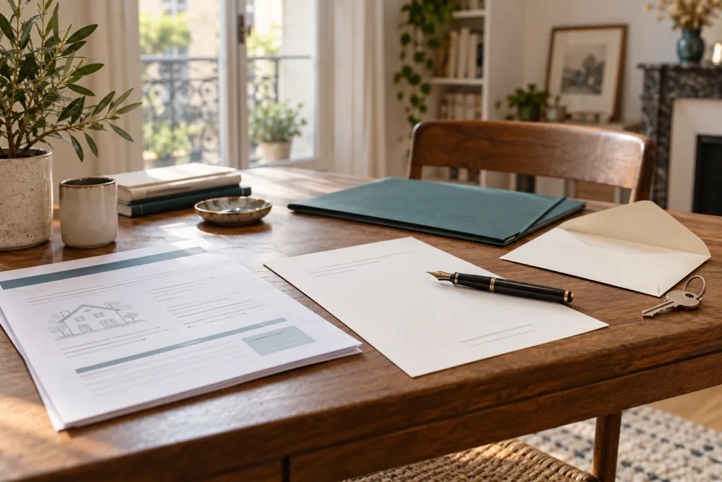 Un courrier, un devis et une enveloppe disposés sur un bureau.
